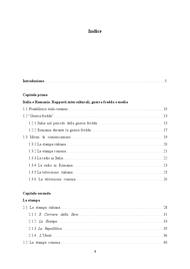 Indice della tesi: Media e Comunicazione tra Italia e Romania durante la Guerra Fredda. Stampa, radio e televisione a confronto., Pagina 1