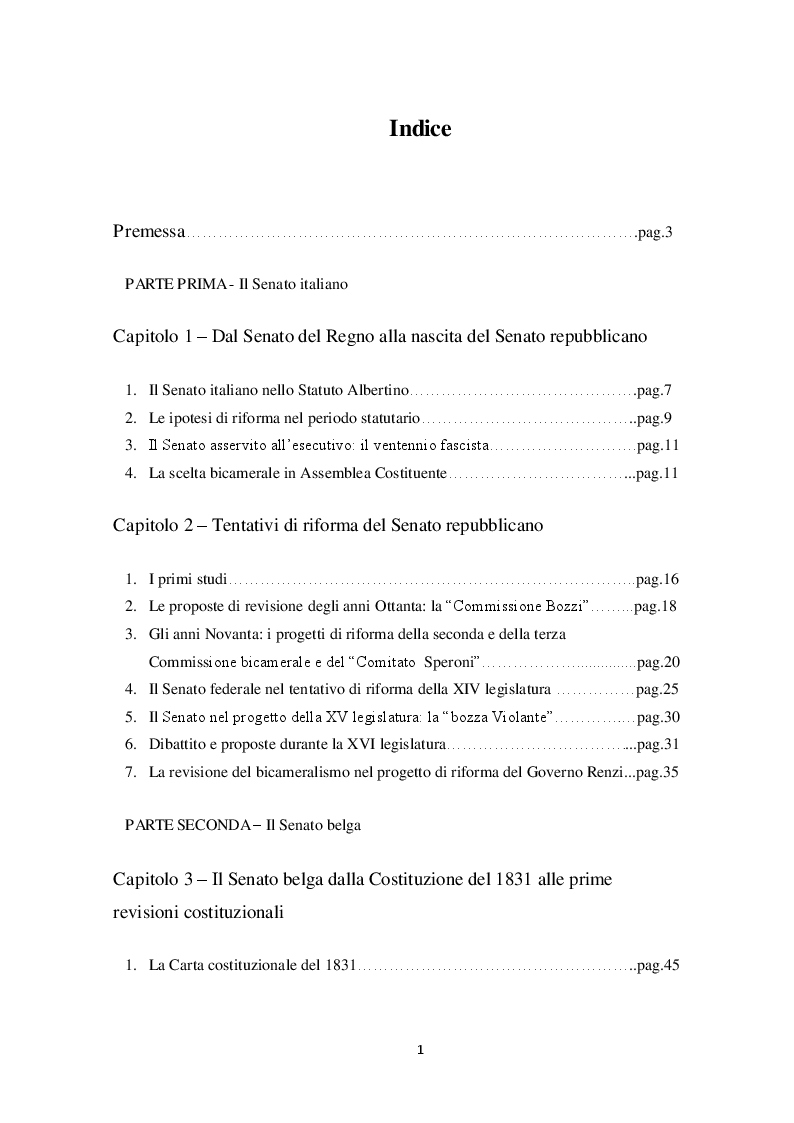 Indice della tesi: Le seconde Camere in Italia e in Belgio, Pagina 1