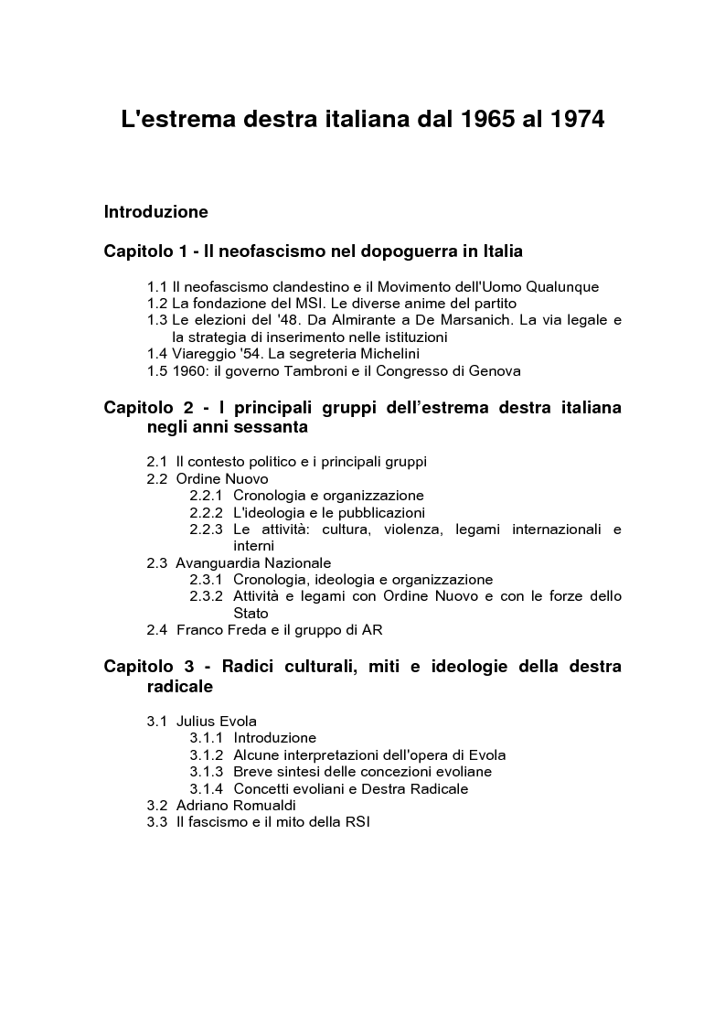 Indice della tesi: L'estrema destra italiana dal 1965 al 1974, Pagina 1