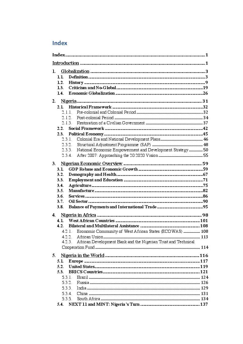Indice della tesi: Nigeria: the Path of the Largest African Economy towards Globalization, Pagina 1