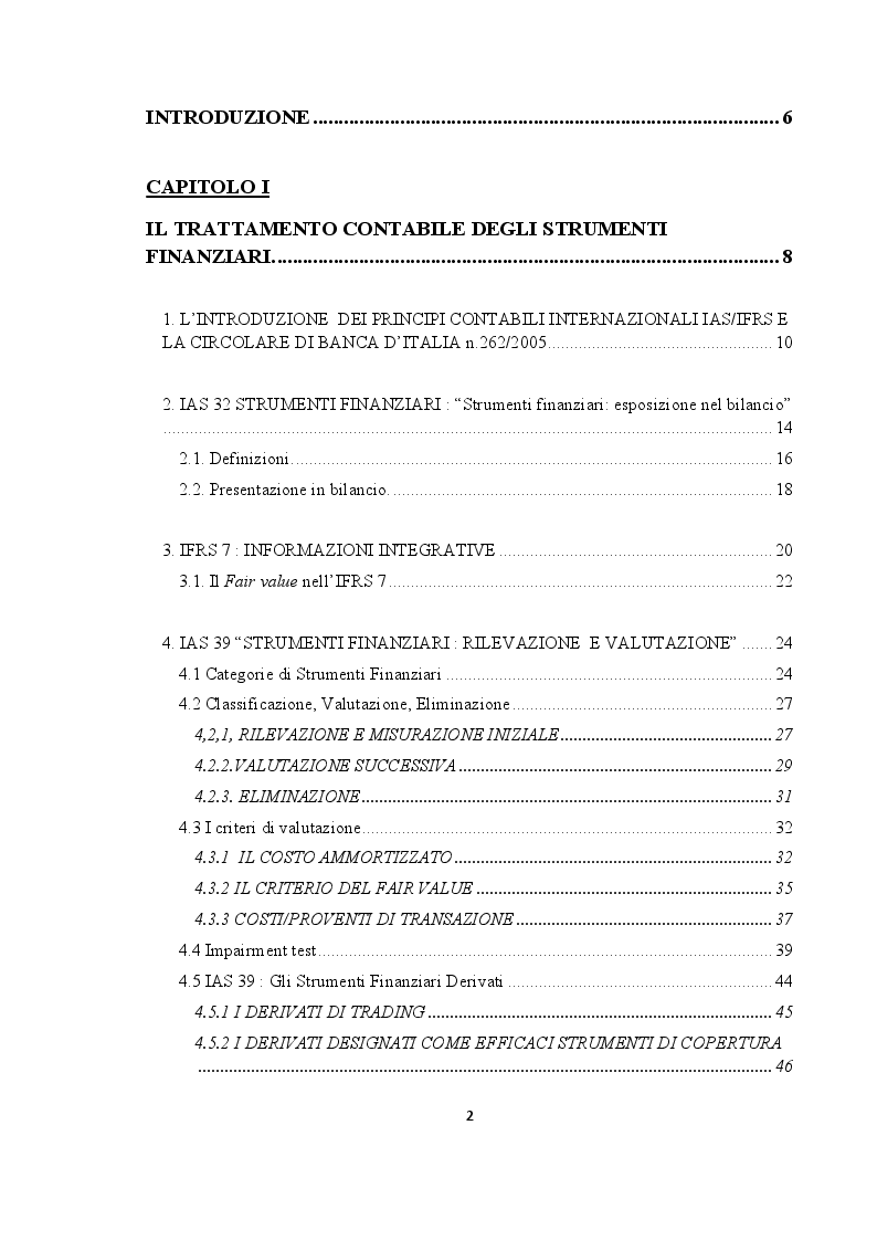 Indice della tesi: La valutazione degli strumenti finanziari nei bilanci bancari, Pagina 1