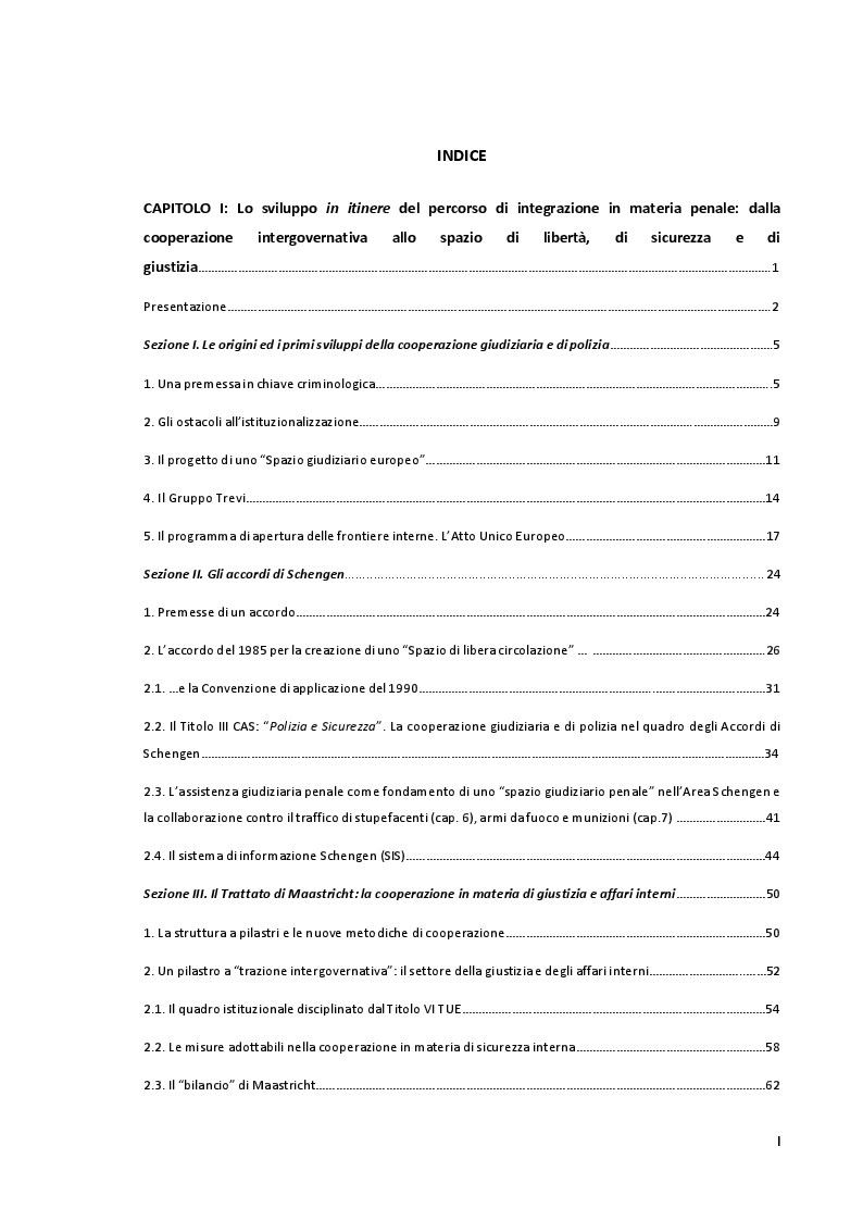 Indice della tesi: Le istituzioni comuni di giustizia penale europea, Pagina 1