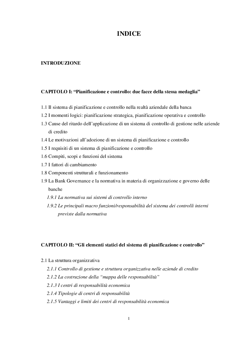 Indice della tesi: Attività di programmazione e controlli interni nelle banche, Pagina 1