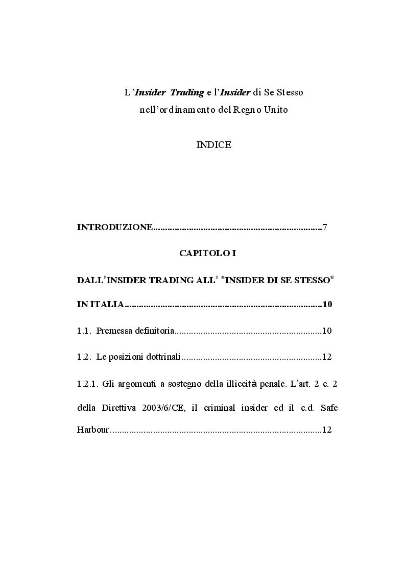 Indice della tesi: L’insider trading e l’insider di se stesso nell’ordinamento del Regno Unito, Pagina 1