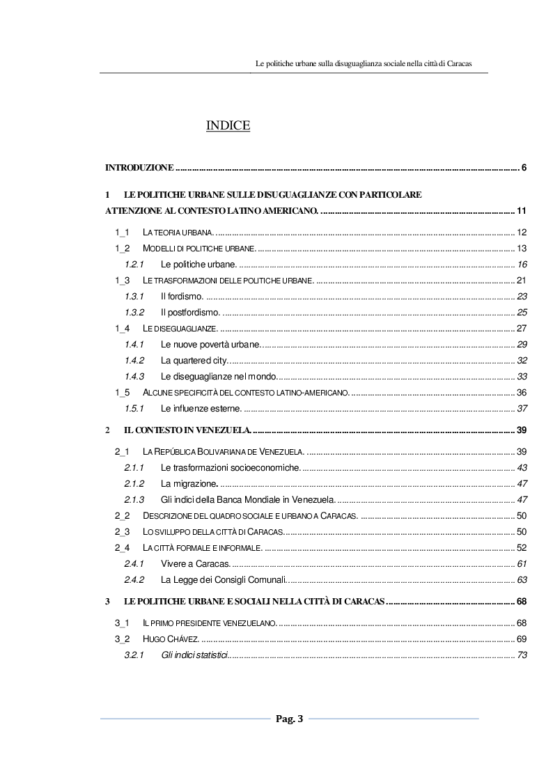 Indice della tesi: Le politiche urbane sulla disuguaglianza sociale nella città di Caracas, Pagina 1