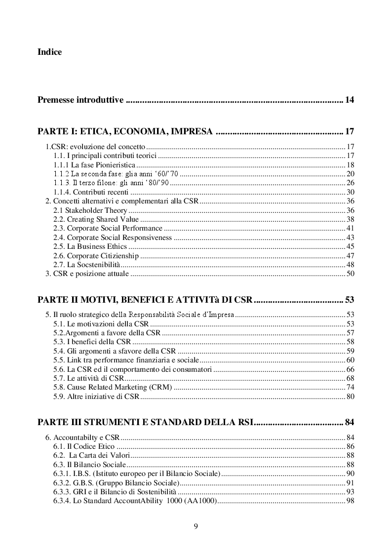Indice della tesi: Etica, Responsabilità aziendale, Performance economico-sociale. Il caso del Credito Cooperativo, Pagina 1