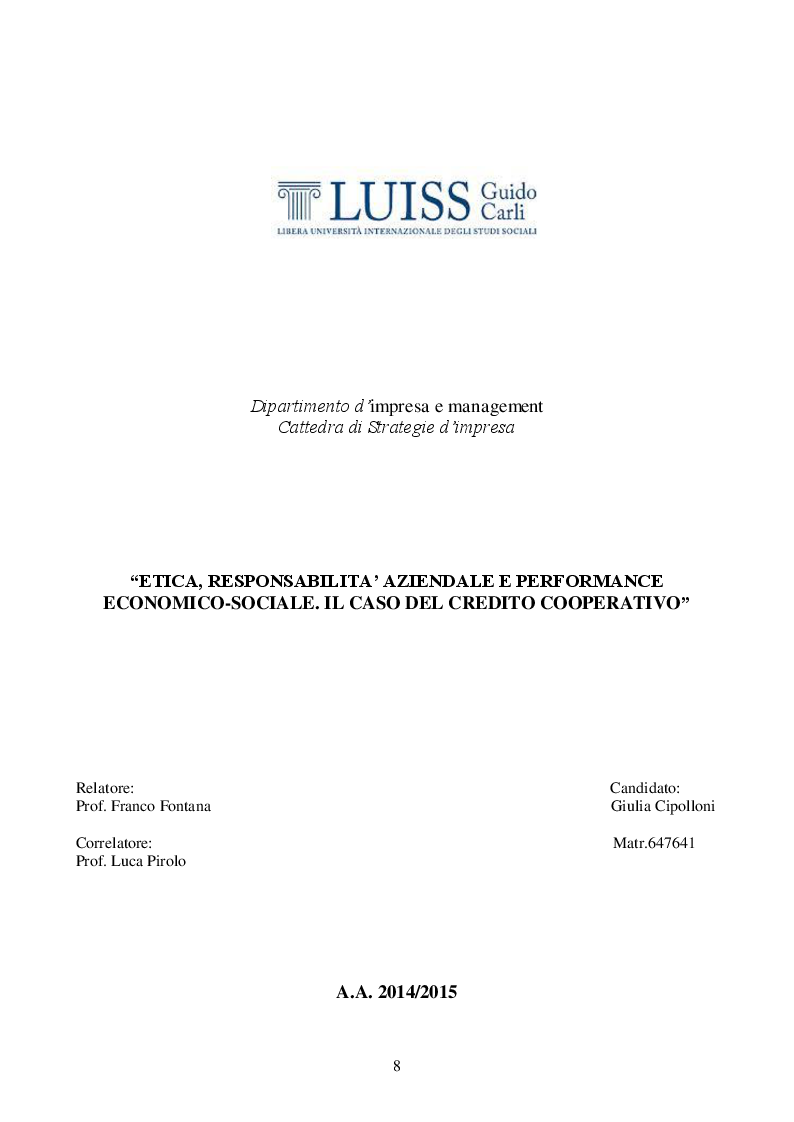 Anteprima della tesi: Etica, Responsabilità aziendale, Performance economico-sociale. Il caso del Credito Cooperativo, Pagina 1