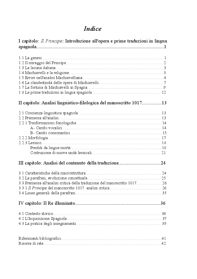 Indice della tesi: Analisi di una traduzione manoscritta de "Il Principe" (manoscritto 1017 BNE), Pagina 1