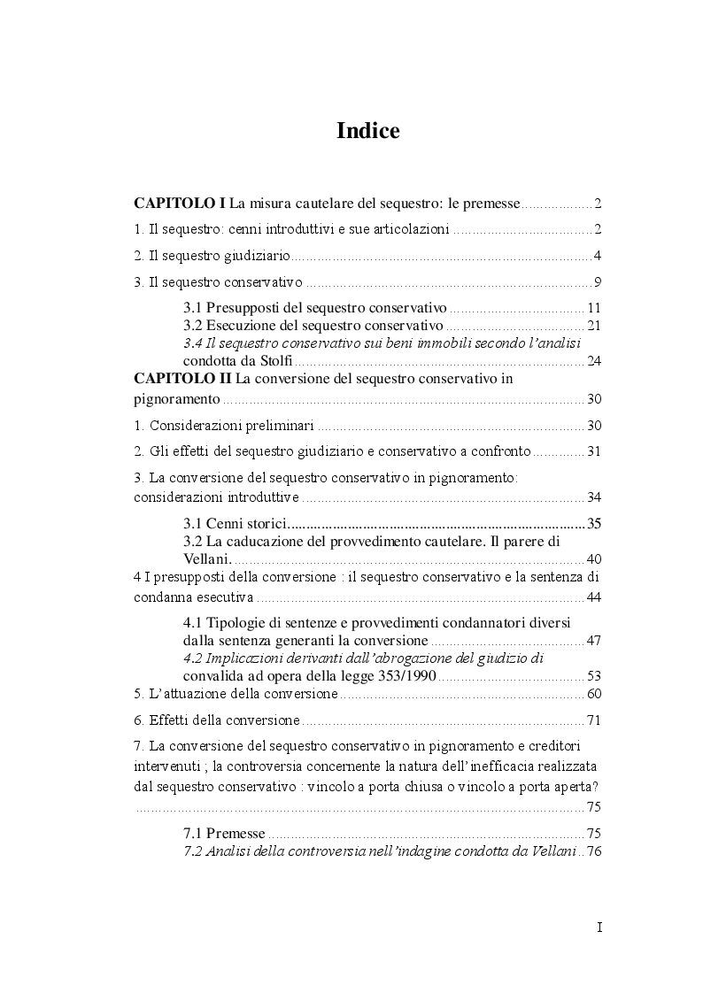Indice della tesi: La conversione del sequestro conservativo in pignoramento, Pagina 1