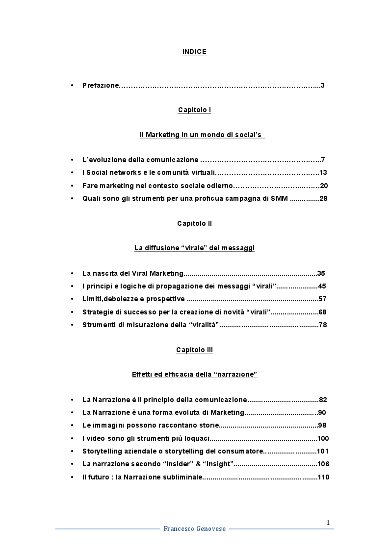 Indice della tesi: Evoluzione del Viral Marketing e della Narrazione nella Comunicazione: strumenti, strategie e contenuti, Pagina 1