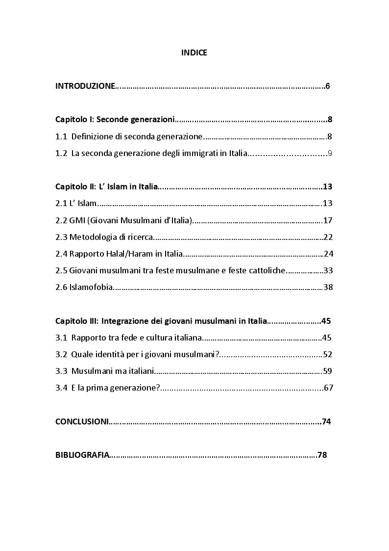 Indice della tesi: Giovani musulmani in Italia: tra fede e cultura italiana, Pagina 1
