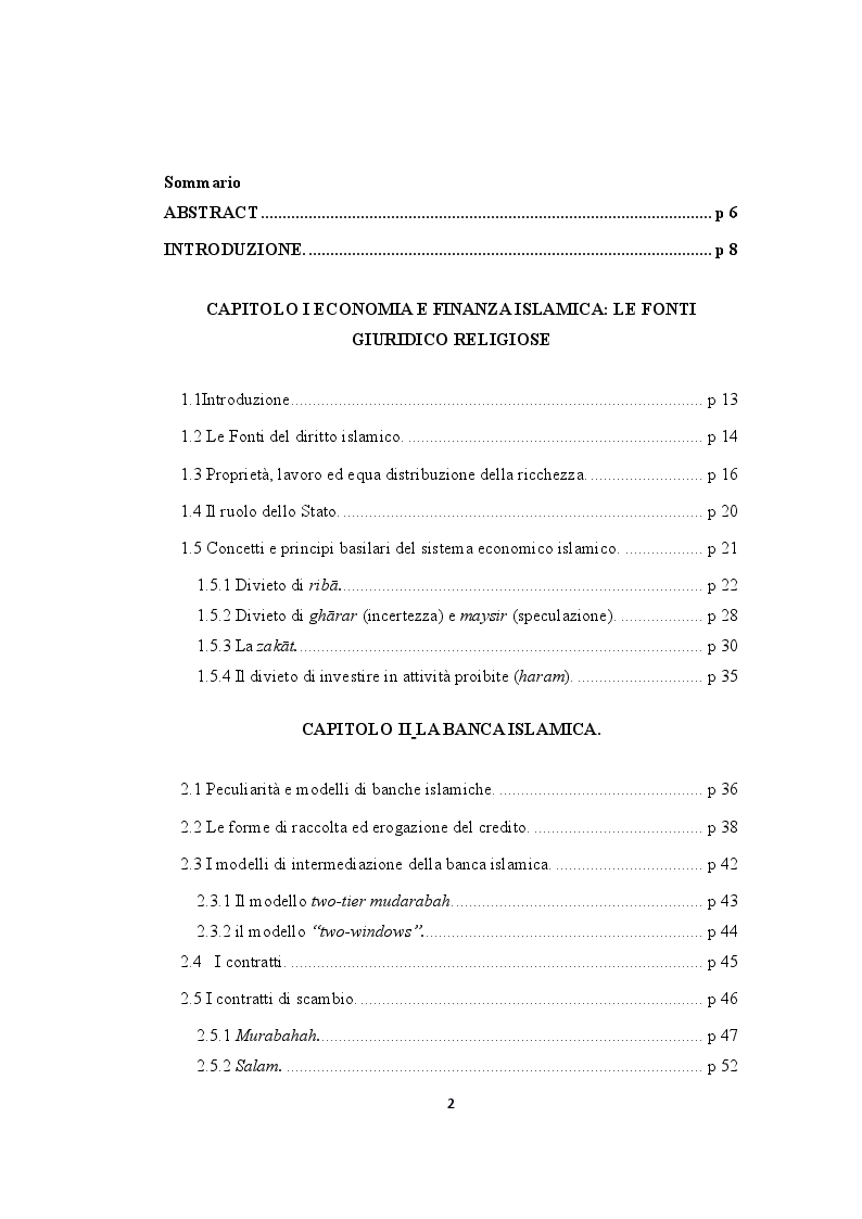 Indice della tesi: Religione, economia e finanza islamica, Pagina 1