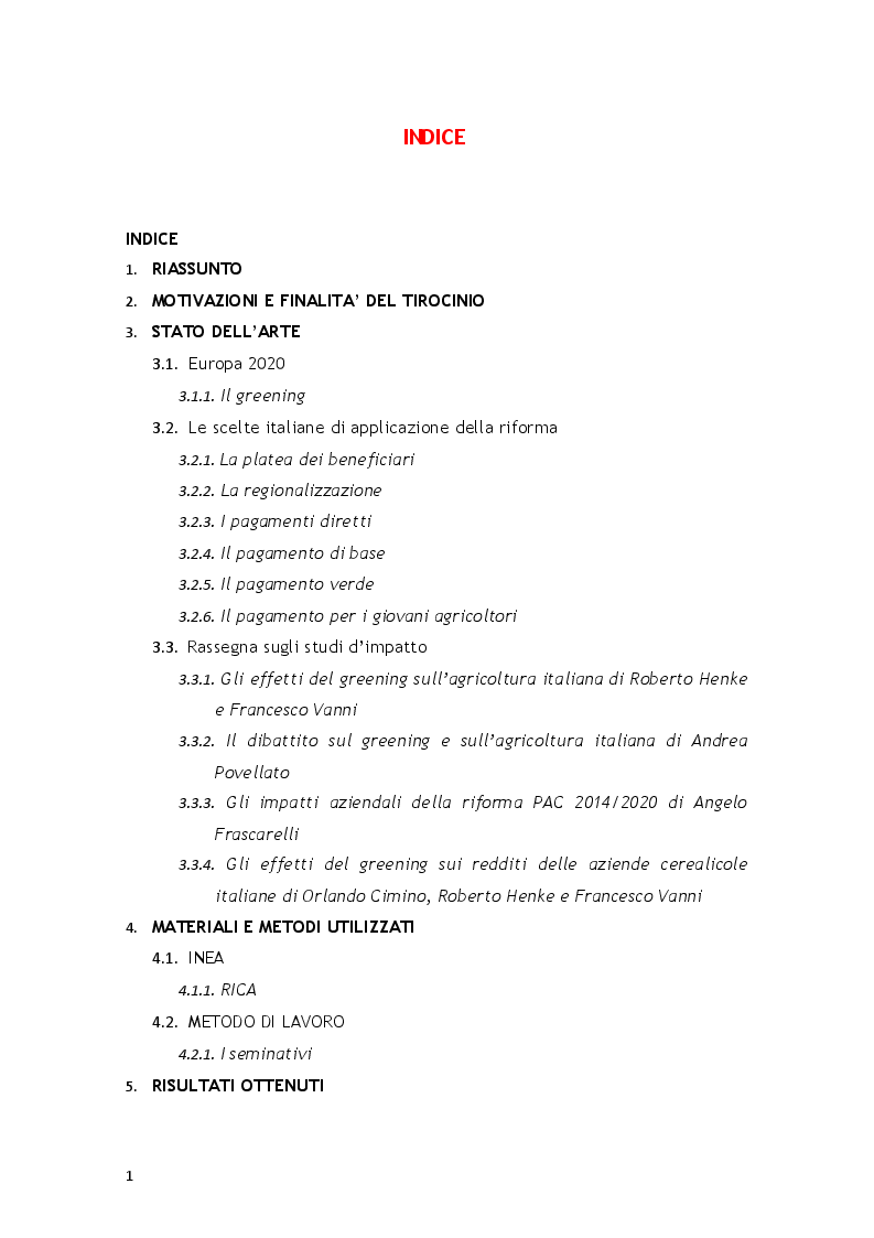 Indice della tesi: Valutazione degli effetti del greening sulle aziende agricole italiane, Pagina 1