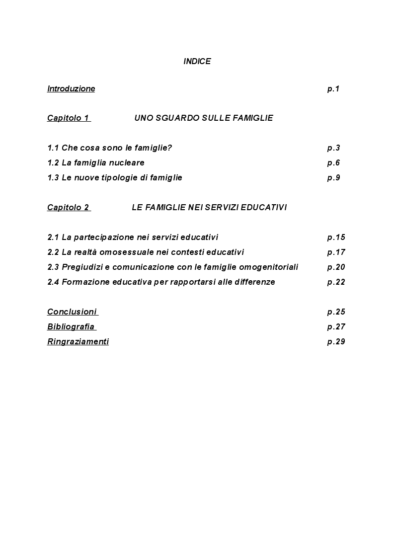 Indice della tesi: La relazione tra servizi educativi per l'infanzia e famiglie omogenitoriali, Pagina 1