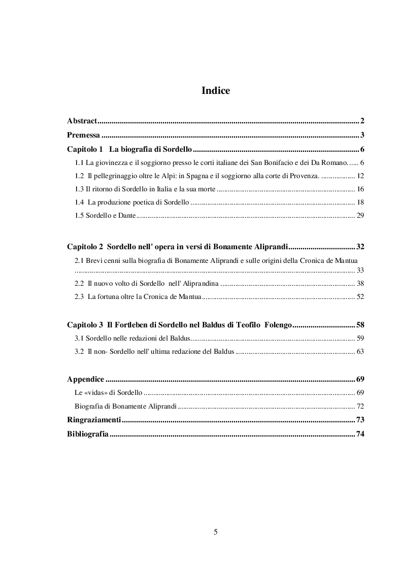 Indice della tesi: La fortuna italiana di un trovatore. Sordello nei secoli XIV e XV, Pagina 1