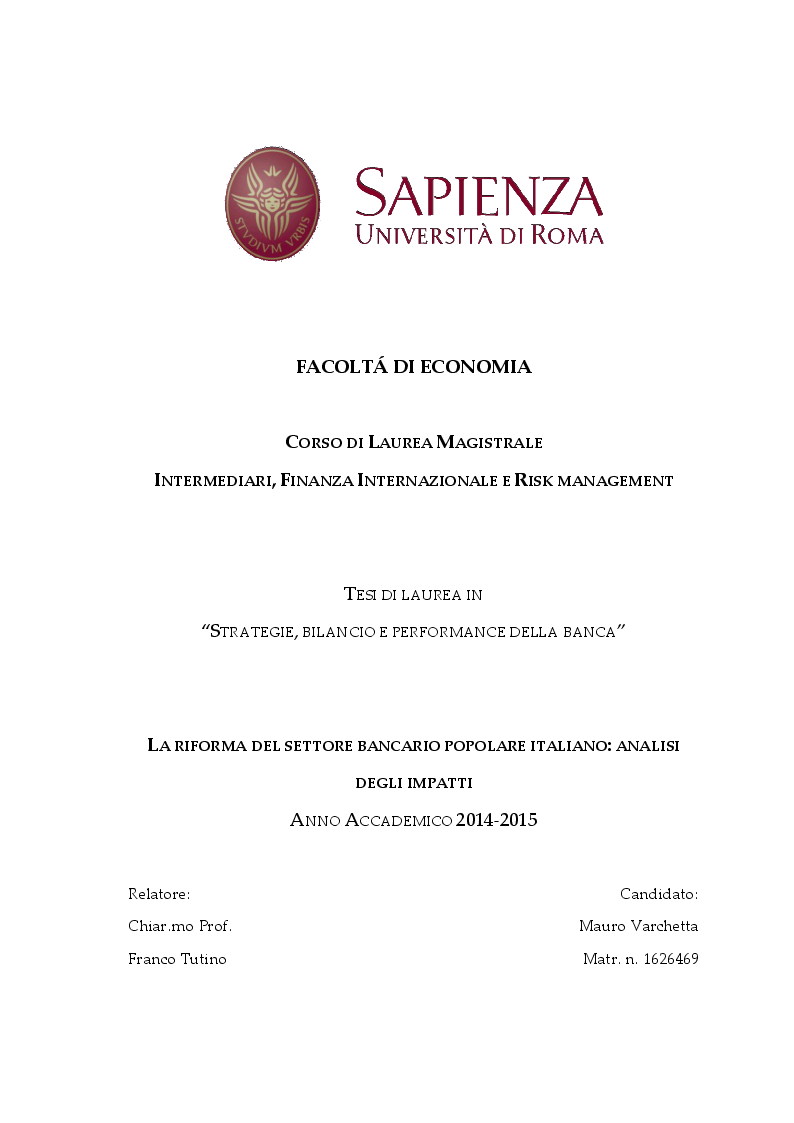 Anteprima della tesi: La riforma delle banche popolari: analisi degli impatti, Pagina 1