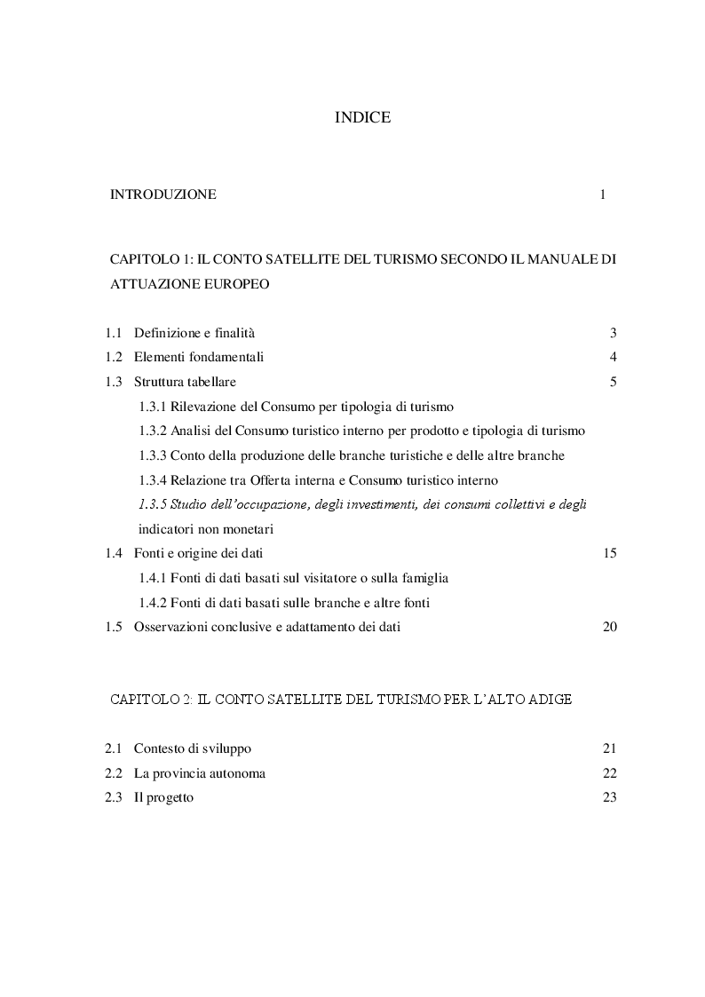 Indice della tesi: Il conto satellite del turismo in Italia: metodologie e prospettive, Pagina 1