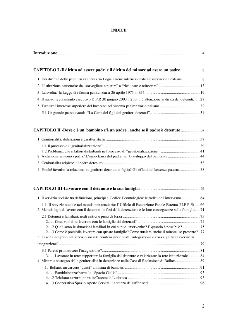 Indice della tesi: L’importanza di rimanere padri in carcere: come sostenere e tutelare la relazione padre-figlio durante la detenzione, Pagina 1