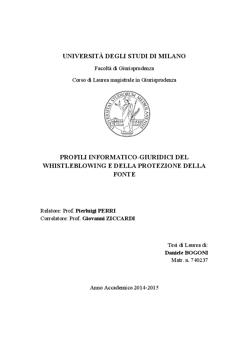 Anteprima della tesi: Profili informatico-giuridici del whistleblowing e della protezione della fonte, Pagina 1