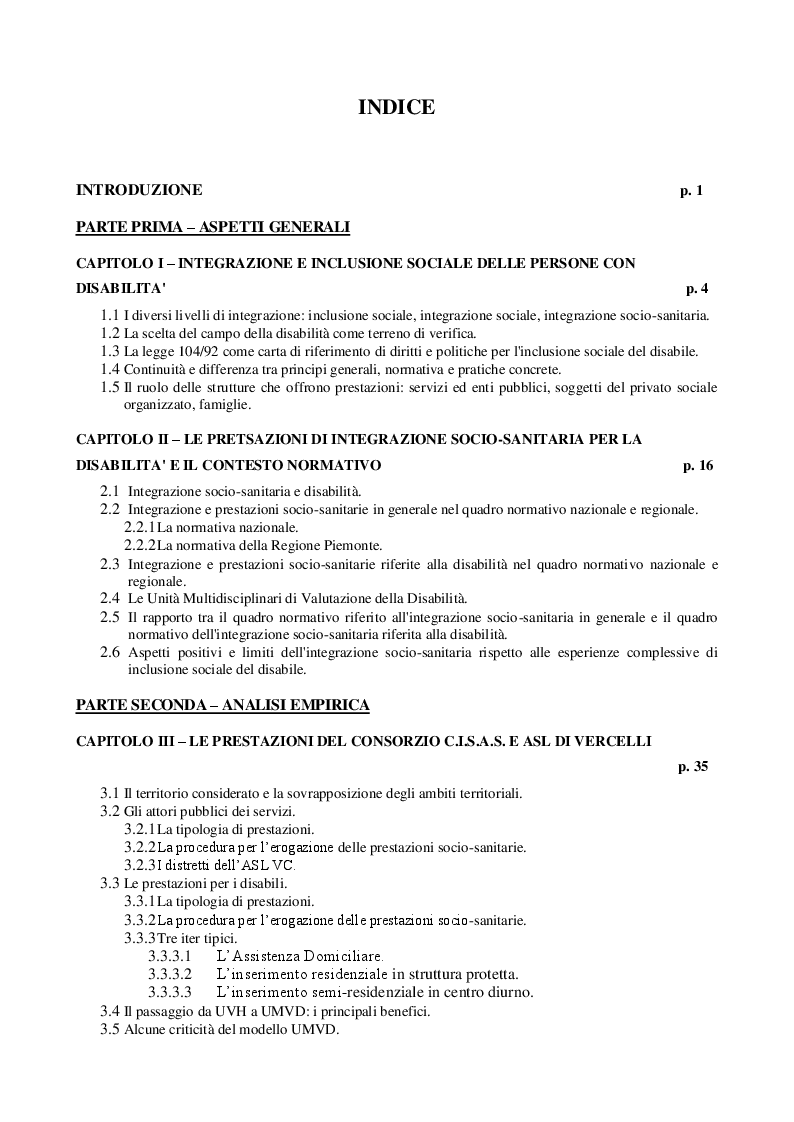 Indice della tesi: Inclusione sociale e integrazione socio-sanitaria della disabilità: un confronto tra casi piemontesi, Pagina 1
