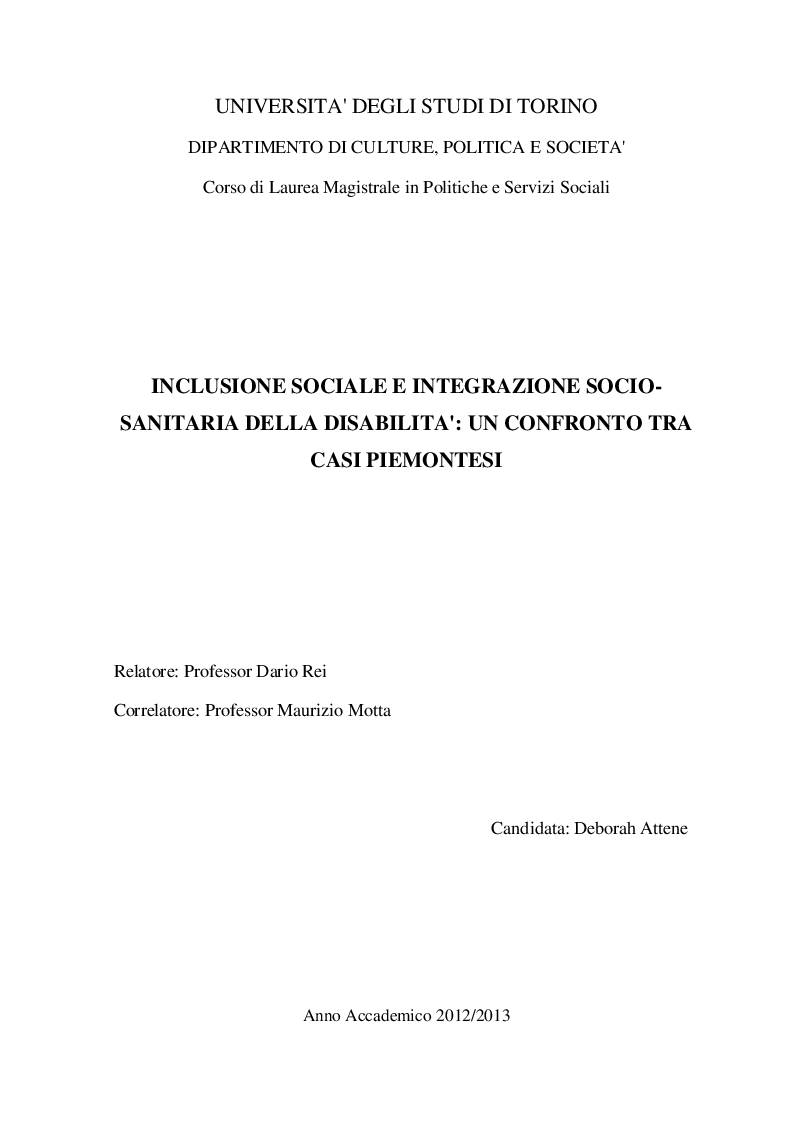 Anteprima della tesi: Inclusione sociale e integrazione socio-sanitaria della disabilità: un confronto tra casi piemontesi, Pagina 1