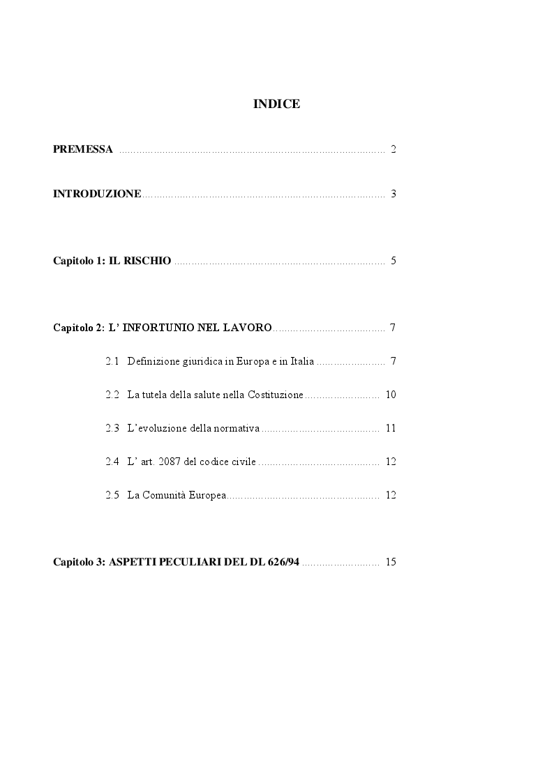 Indice della tesi: Valutazione Del Rischio Lavorativo e Considerazioni Medico Sociali e Preventive, Pagina 1