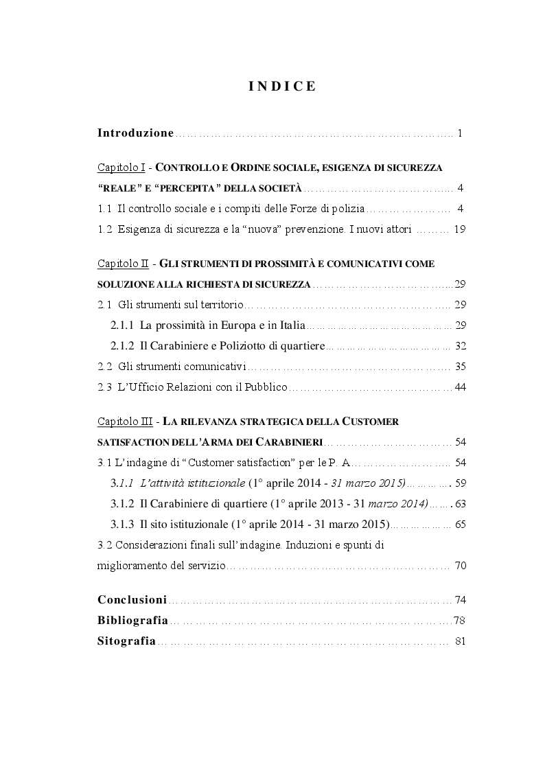 Indice della tesi: La polizia di prossimità e la sicurezza percepita. Gli strumenti territoriali e comunicativi dell’Arma dei Carabinieri, Pagina 1