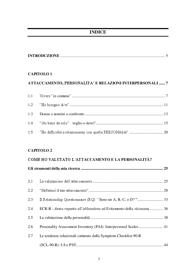 Indice della tesi: Devo stare da solo. Uno studio sulla personalità e le ''relazioni congelate'', Pagina 1
