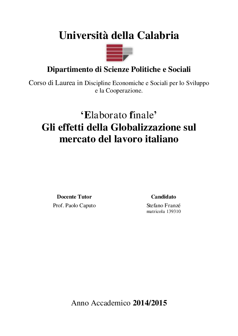 Anteprima della tesi: Gli effetti della Globalizzazione sul mercato del lavoro italiano, Pagina 1