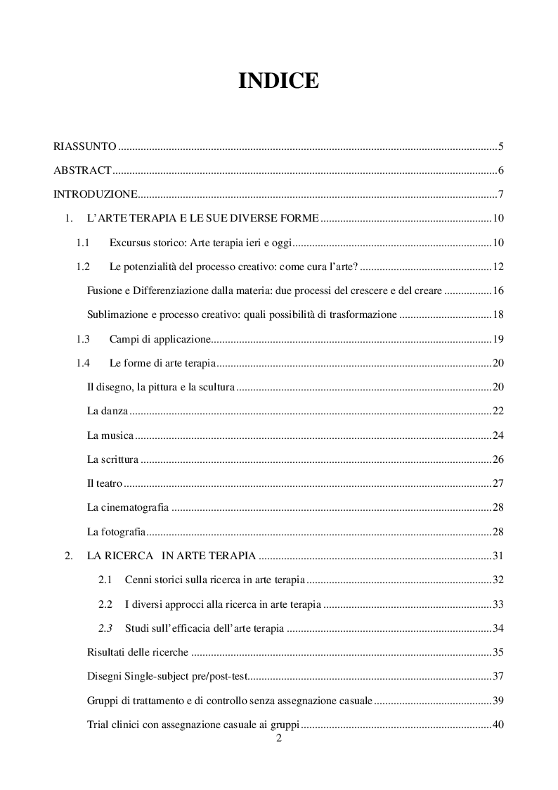 Indice della tesi: La Valutazione dell'Arteterapia come forma di cura, Pagina 1