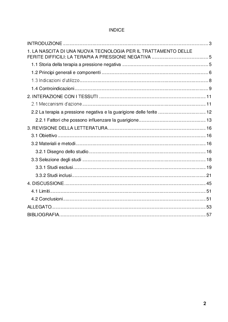 Indice della tesi: L’efficacia della terapia a pressione negativa nei pazienti con ferite difficili: revisione della letteratura, Pagina 1