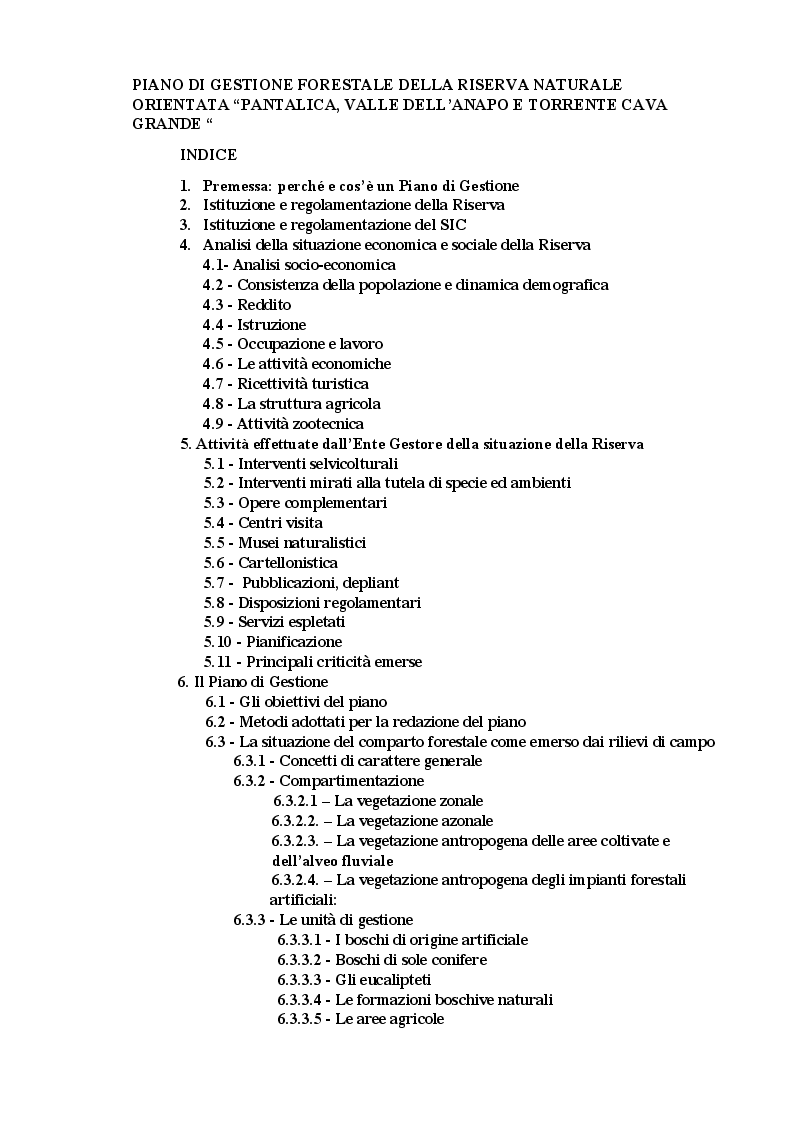 Indice della tesi: Piano di gestione forestale della Riserva Naturale Orientata ''Pantalica, Valle dell'ANAPO e Torrente Cava Grande'', Pagina 1