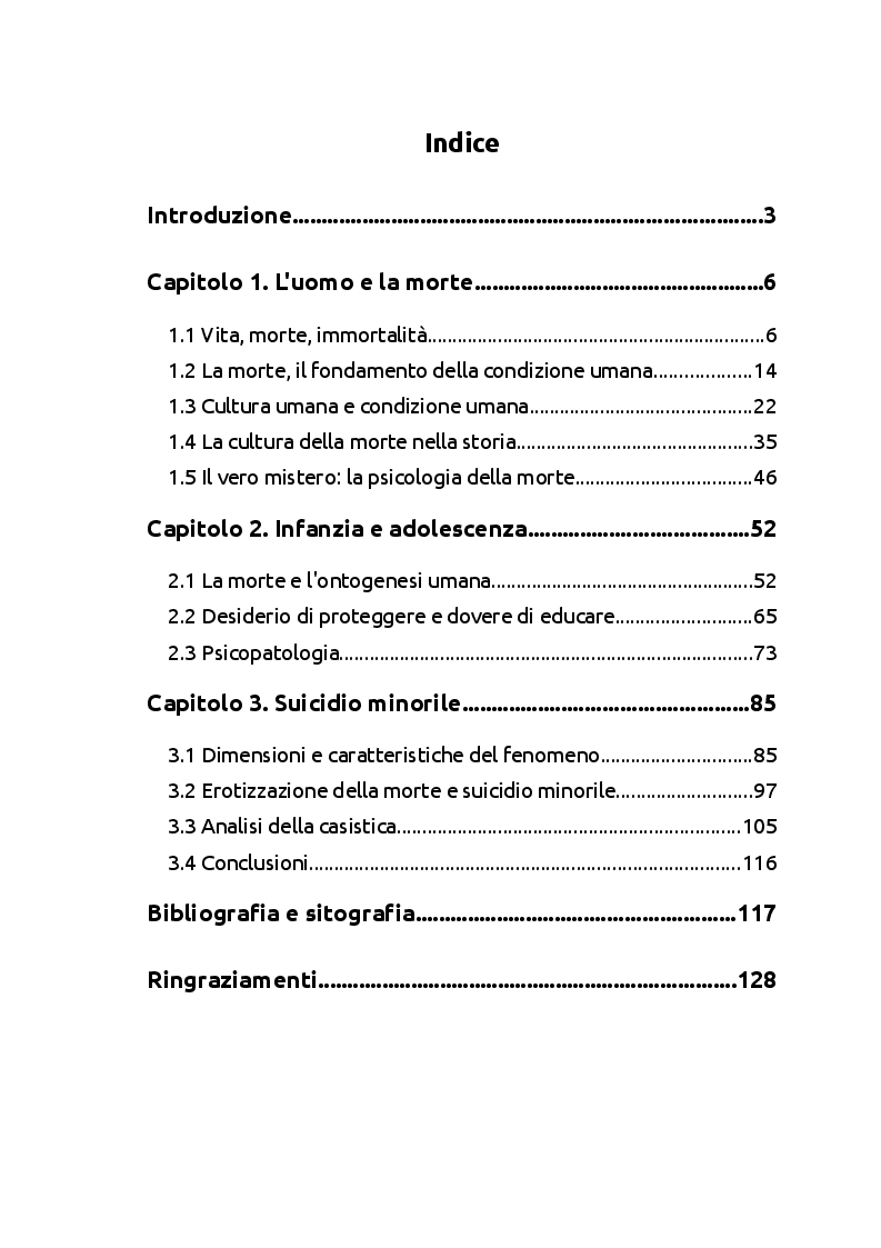 Indice della tesi: Il suicidio nel minore: evoluzione del rapporto con la morte e psicopatologia della condizione umana, Pagina 1