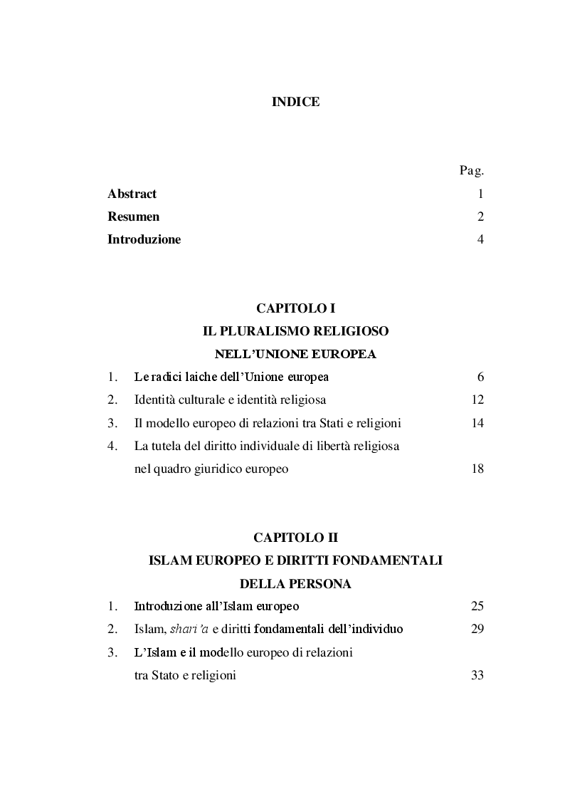 Indice della tesi: Libertà religiosa e pluralismo religioso. L'insegnamento della religione islamica nell'esperienza europea, Pagina 1
