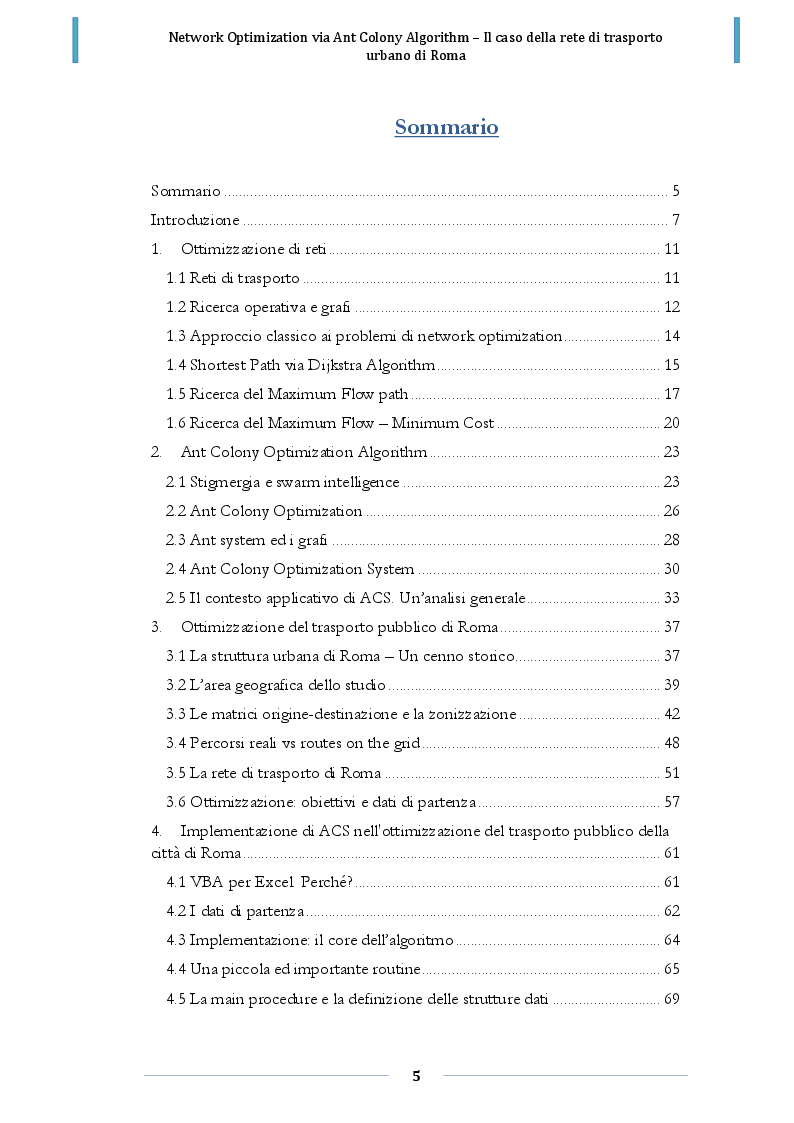 Indice della tesi: Network optimization via Ant Colony Algorithm: il caso della rete di trasporto urbano di Roma, Pagina 1