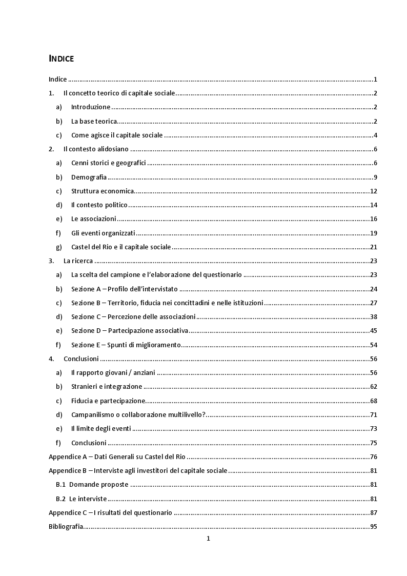 Indice della tesi: Capitale sociale e partecipazione nel Comune di Castel del Rio, Pagina 1