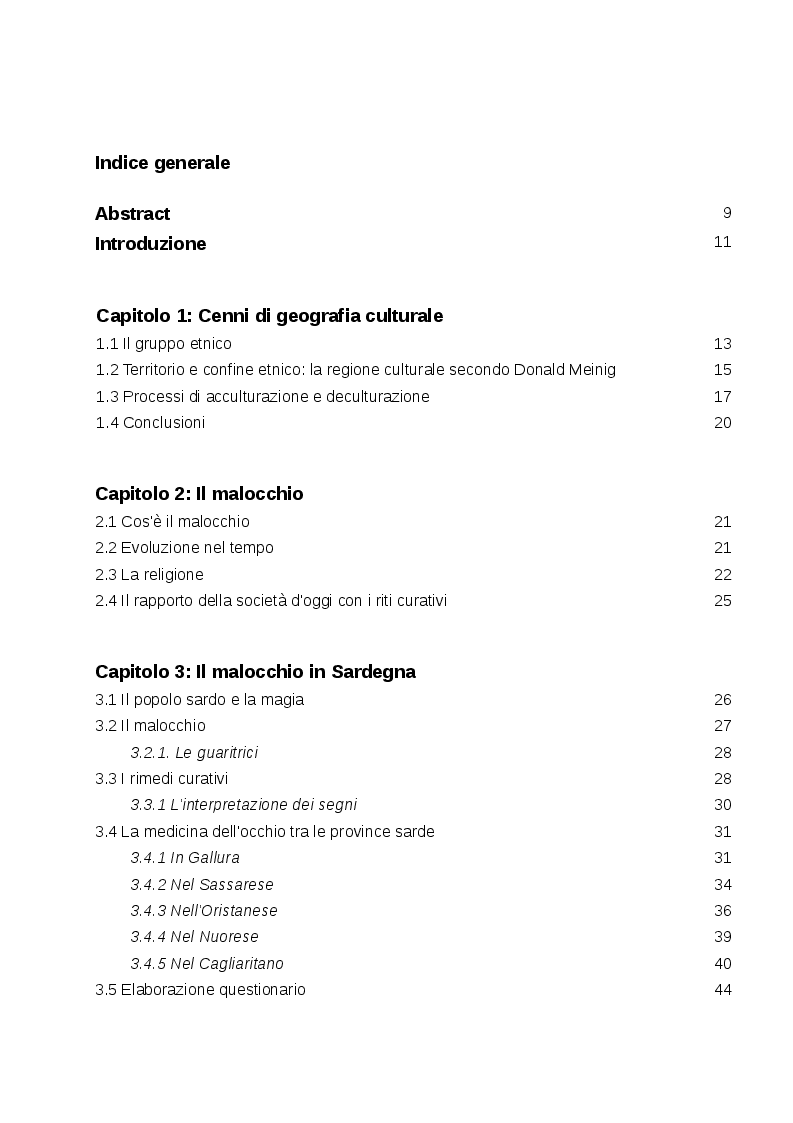 Indice della tesi: Il malocchio: analisi geografica della cura del malocchio in Sardegna, Pagina 1