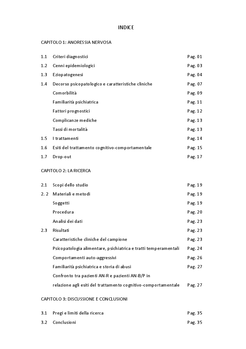 Indice della tesi: Sottotipi diagnostici dell'Anoressia Nervosa: caratteristiche cliniche e risposta al trattamento in un campione di 730 pazienti, Pagina 1