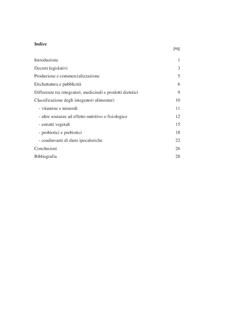 Indice della tesi: Gli integratori alimentari: legislazione e classificazione, Pagina 1