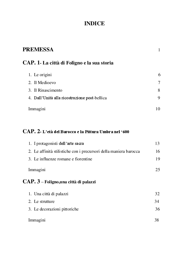 Indice della tesi: Il seicento a Foligno. I cicli pittorici delle residenze nobiliari., Pagina 1