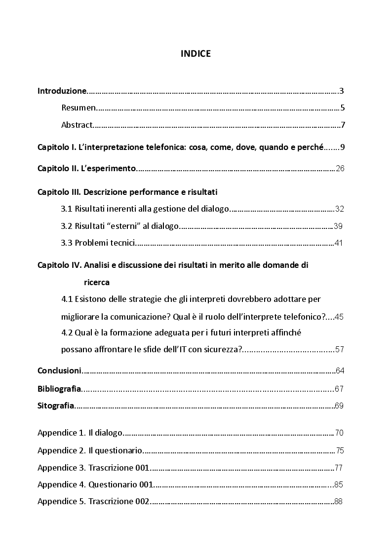 Indice della tesi: Studio empirico sull'interpretazione telefonica: formazione e strategie, Pagina 1