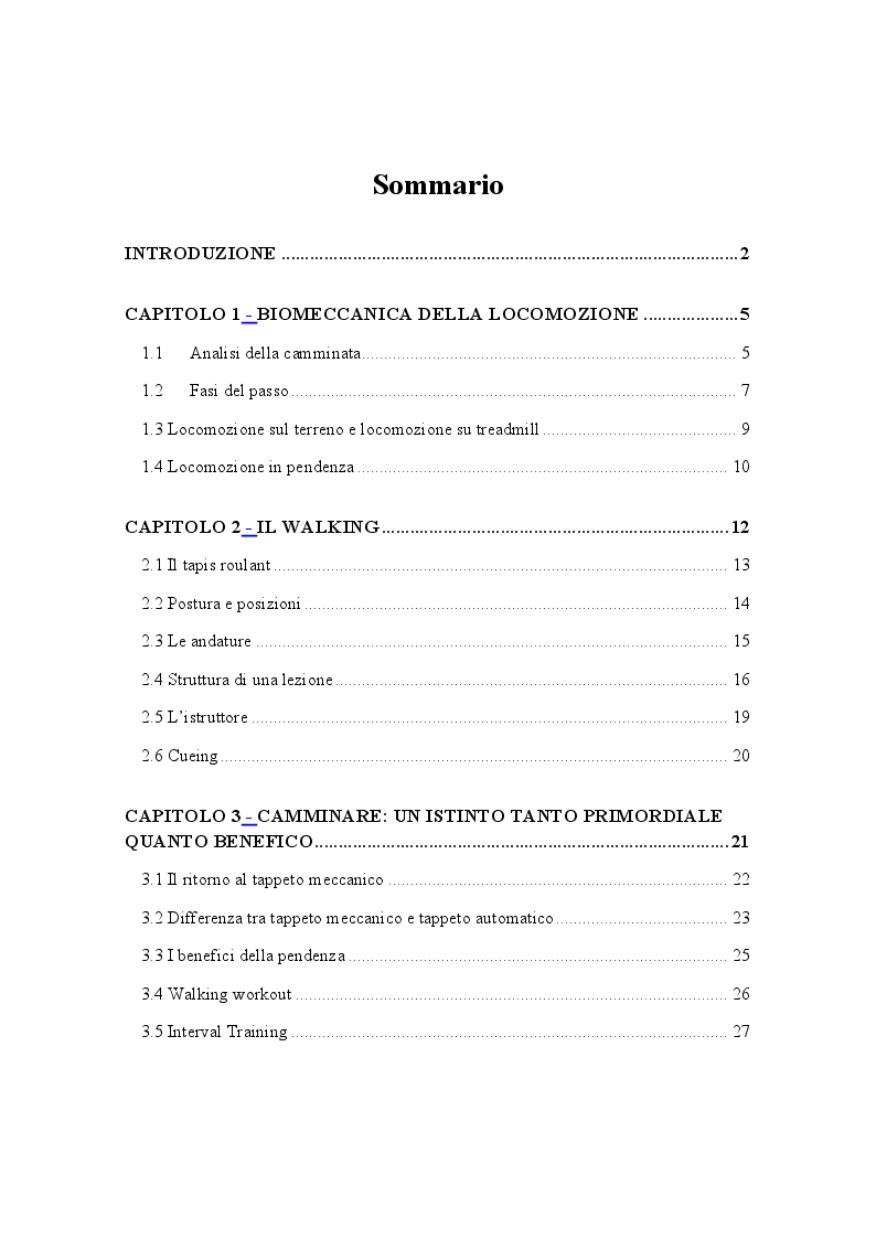 Indice della tesi: Il Walking: Metodi e Tecniche per una corretta camminata, Pagina 1