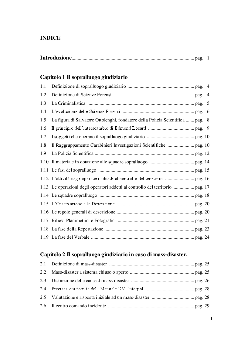 Indice della tesi: Il sopralluogo nei mass-disaster e l’attività DVI, Pagina 1
