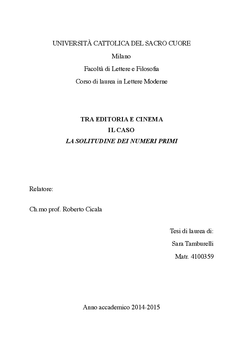 Anteprima della tesi: Tra editoria e cinema il caso La solitudine dei numeri primi, Pagina 1