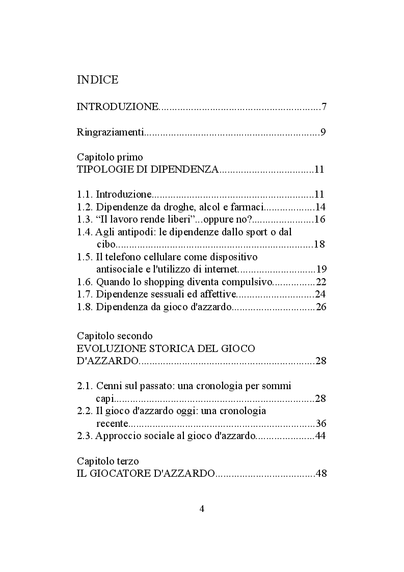 Indice della tesi: Il gioco d'azzardo. Quando scommettere diventa una dipendenza, Pagina 1