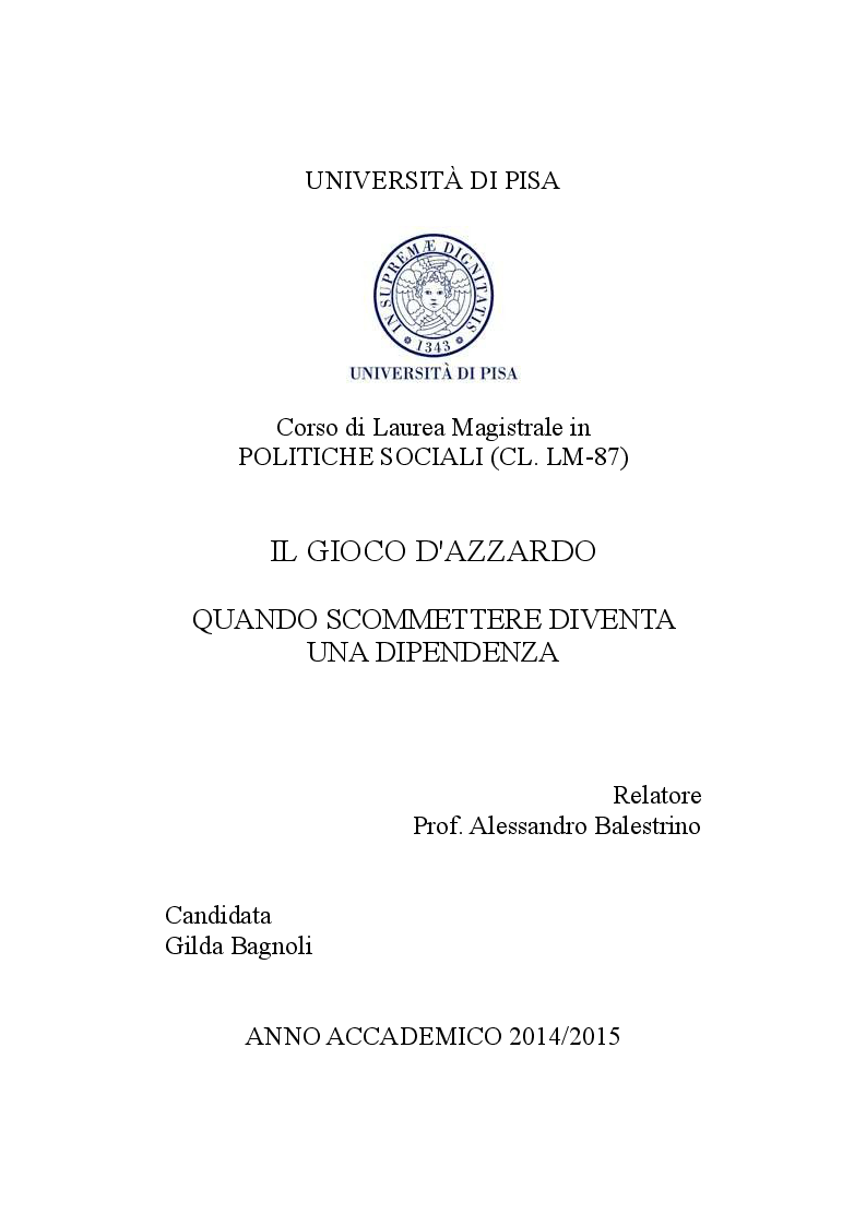 Anteprima della tesi: Il gioco d'azzardo. Quando scommettere diventa una dipendenza, Pagina 1