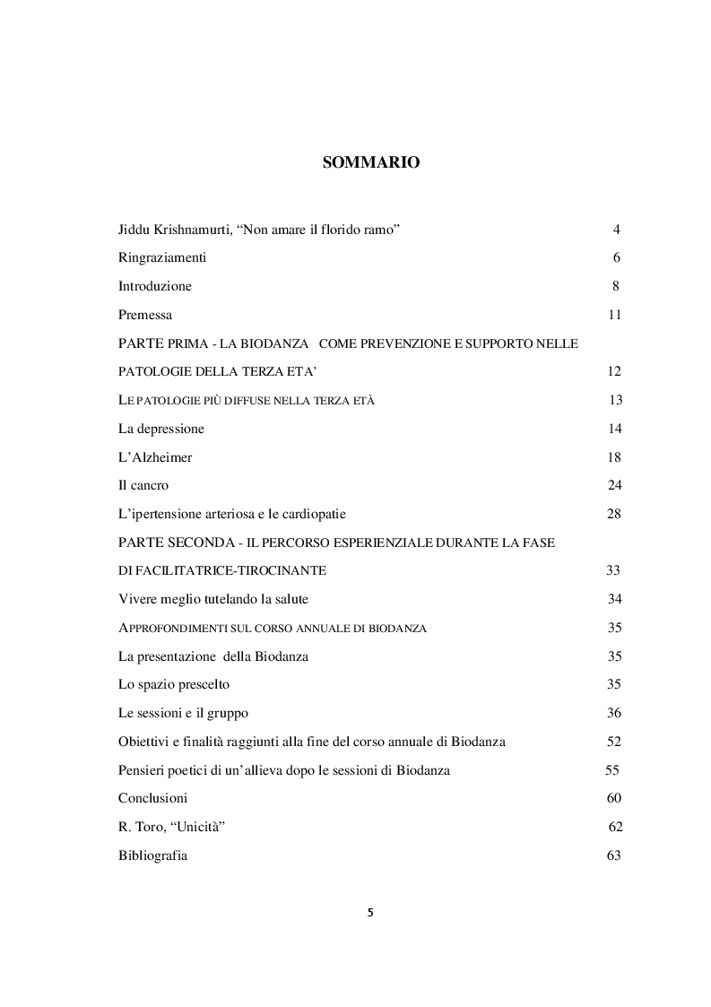 Indice della tesi: La Biodanza come prevenzione e supporto nelle patologie della terza età, Pagina 1