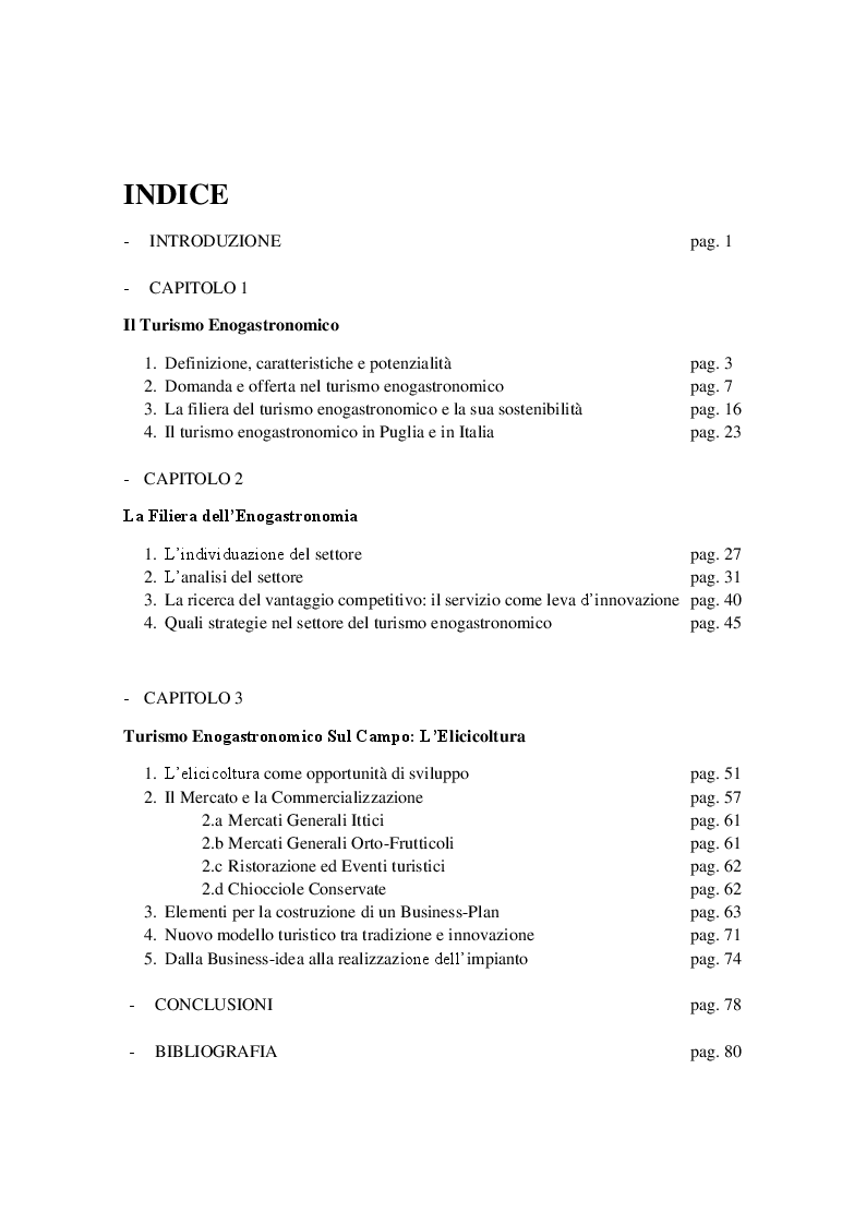 Indice della tesi: Dinamiche Competitive nella filiera del Turismo Enogastronomico, Pagina 1