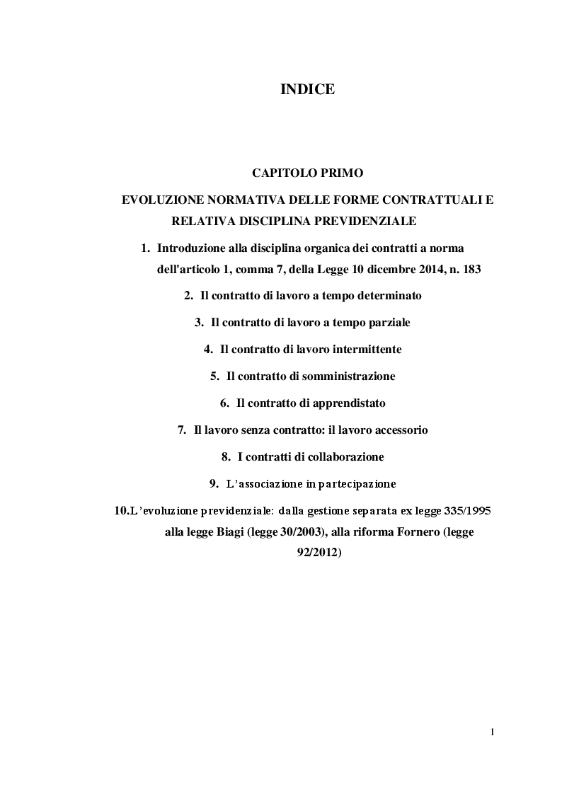 Indice della tesi: Jobs Act: profili normativi e previdenziali, Pagina 1