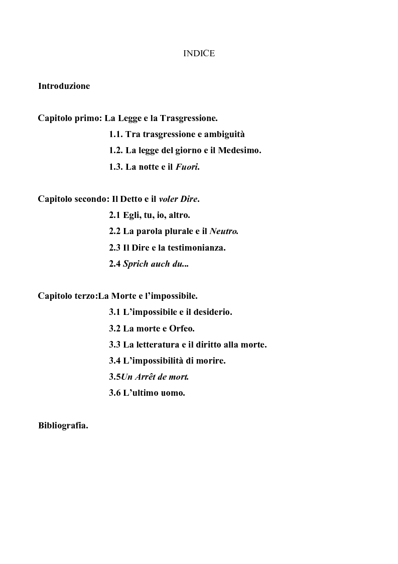 Indice della tesi: La legge, la letteratura e la morte. Una lettura di Maurice Blanchot, Pagina 1